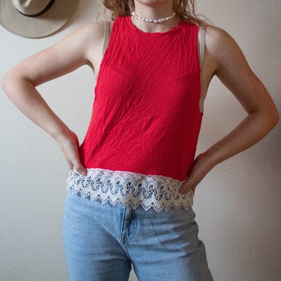 Red lace summer muscle shirt - Picture 1 of 4